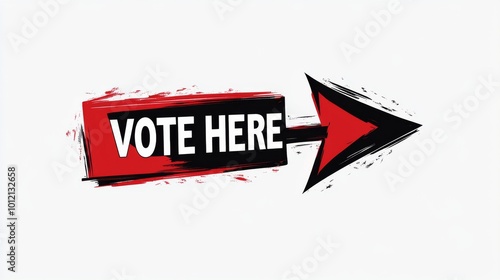 Bold Right-Pointing Arrow with "VOTE HERE" Text: Simple Vector Graphic in Red and Black on White Background for Clear Messaging