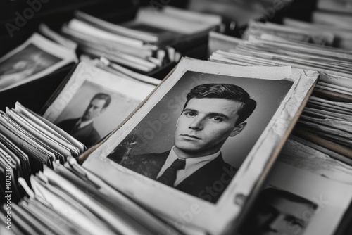 Close up of black and white identikit photo in folder with case files in detectives office, copy space, Generative AI