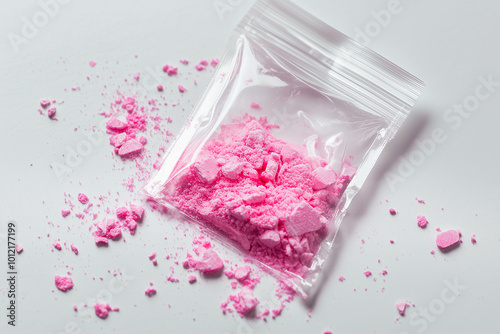 Pink cocaine - pink powder in a plastic bag on a light surface