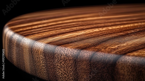 Close-up of a round wooden table top with a dark brown finish and a grain pattern.