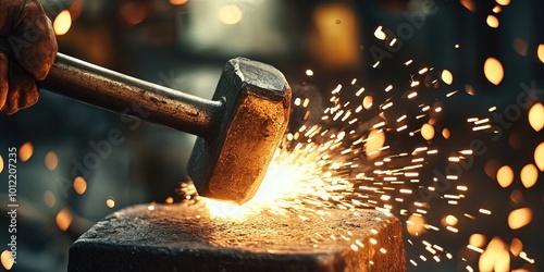 sledgehammer making sparks on anvil 