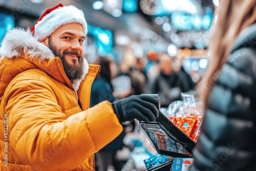 Man in santa hat shopping for holiday gifts in festive store ambiance