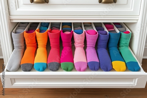 A child's hands are sorting through a drawer filled with colorful odd socks in a bright bedroom interior