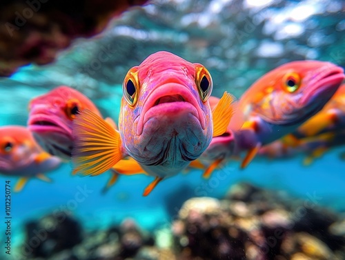 A close-up shot of a vividly colored fish swimming underwater, its large eyes and diverse hues standing out against the azure ocean backdrop, inviting vibrant exploration.