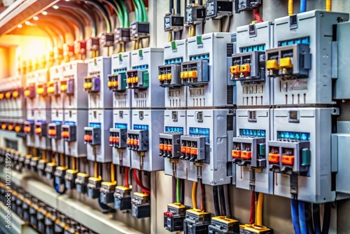 High-resolution images of circuit breakers on electrical panels in industrial and residential settings