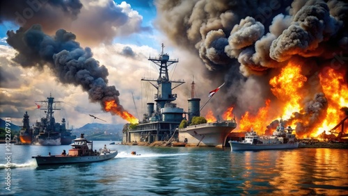 Historic images depicting the Pearl Harbor attack and its aftermath during World War II in 1941