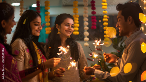 Diwali Celebration in Office with Sparklers and Gift Exchange Amidst Festive Decor