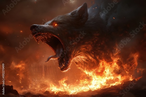 A huge demonic wolf with glowing eyes emerges from flames and smoke, symbolizing terror and power, while surrounded by an apocalyptic fiery landscape.