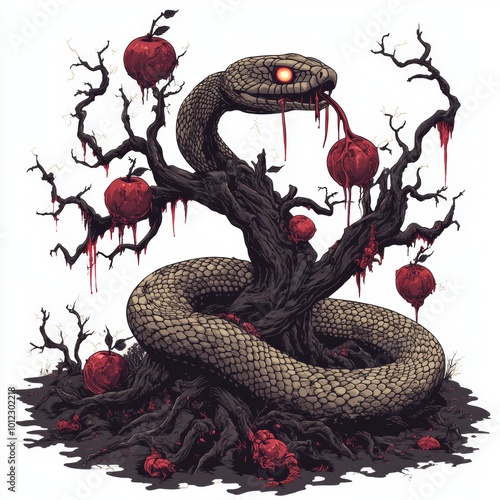 A serpent entwined around a twisted tree with blood-red apples.