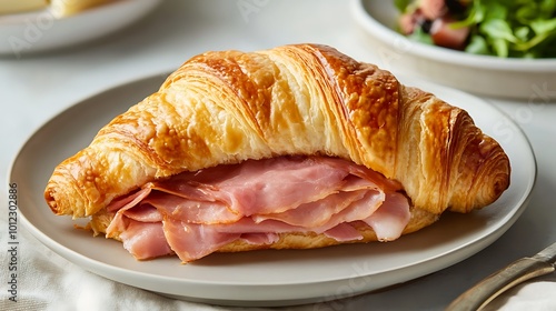 A warm, buttery croissant sandwich filled with ham and Swiss cheese 