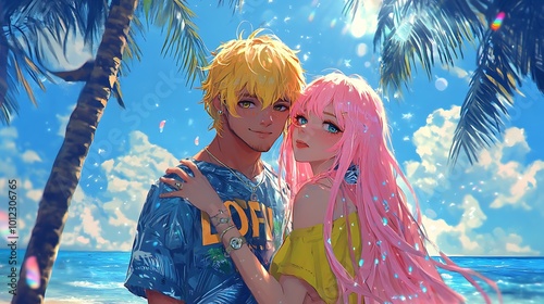 Anime Couple in Love on Tropical Beach with Palm Trees and Blue Sky