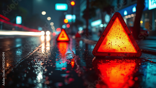 Reflective Warning Sign on Wet Road at Night