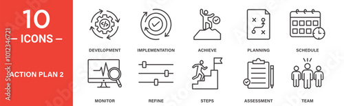 Action Plan and Development Icon Set: 10 Line Icons Including Implementation, Planning, Schedule, and Team