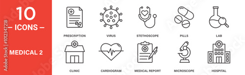 Medical Icon Set Featuring Prescription, Virus, and Hospital Symbols in Outline Style