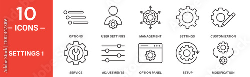 Settings Icon Set Featuring Options, User Settings, Customization, and Setup Symbols