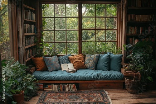 Cozy reading nook with a window overlooking a lush green forest, a comfortable couch, and bookshelves filled with books.