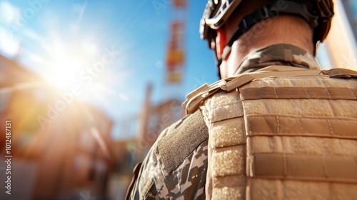 Rear view of a soldier in full gear standing under bright sunlight in an urban environment, reflecting readiness and vigilance with a sense of purpose.