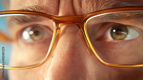 The image shows a close-up of a person with orange glasses, highlighting their focused eyes and facial features, depicting a thoughtful and introspective mood.