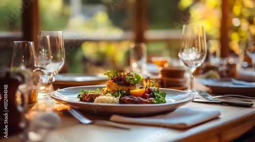 A table setting in a fine dining restaurant with a seasonal tasting menu showcasing fall-inspired dishes with earthy tones