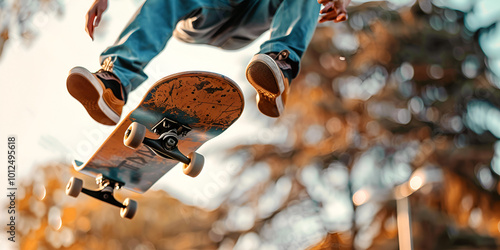 Skateboarder mid-air during trick, Skater performing ollie in urban park 