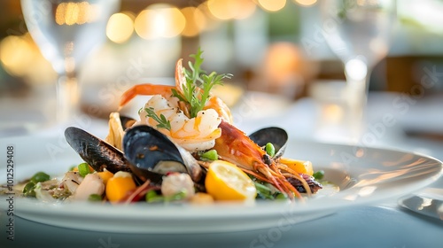 A beautifully plated summer dish with fresh seafood and seasonal ingredients displayed in an elegant fine dining restaurant