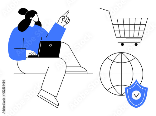 Person with a laptop pointing upward sitting beside shopping cart globe and shield icons. Ideal for e-commerce online shopping cybersecurity digital transactions and internet safety. Minimalist line