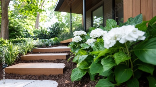 Elegant wooden steps adorned with white hydrangeas enrich the aesthetic of an entrance, blending nature with architecture amid lush green surroundings at the home entrance.