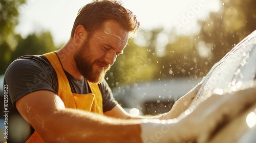 A man intensely cleaning a car windshield with a soapy sponge, wearing an orange apron, in the golden hour, displaying a blend of focus and calmness in the task.