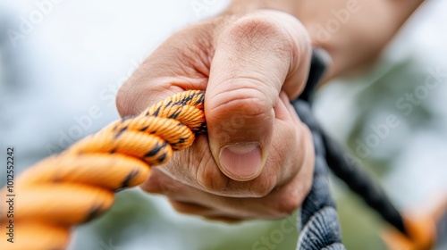 A close-up view of a hand clutching intertwined orange and black ropes, exemplifying strength and endurance against a blurred outdoor background signifying resilience.