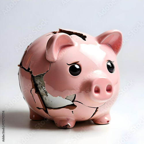 broken and cracked piggy bank is sad and poor