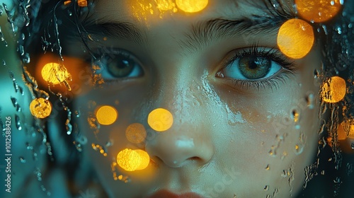 A close-up of the boy’s face as he gazes out the window, with the reflection of raindrops and streetlights visible in the windowpane 