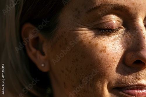 色素沈着のある成熟した女性の肌のクローズアップ、コピースペース｜Close up of mature woman skin with hyperpigmentation. Copy space.