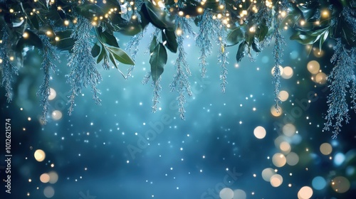 Enchanting background with a blue Christmas garland, decorated with twinkling lights that hang gracefully. Perfect for holiday visuals