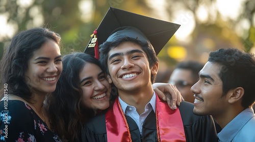 A family gathered around a young graduate in cap and gown, smiling with pride and joy, capturing the emotional depth of achieving an educational milestone 