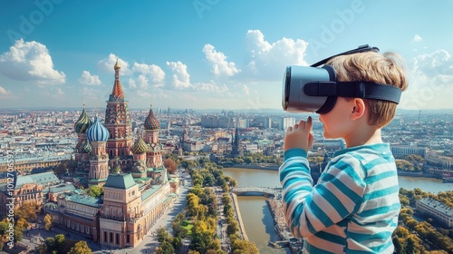 A virtual reality travel experience for children, allowing them to explore famous landmarks from different eras without leaving their futuristic classroom.