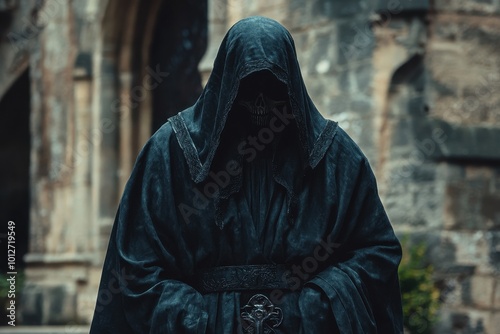 Monk in black robes and hood or person dressed as grim reaper ghost appearing as priest in old attire