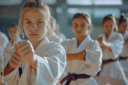 Motivated girl and tweens in white kimonos practicing karate katas in training room