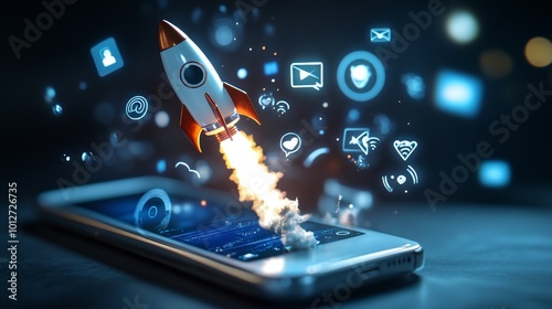 A rocket launching from a smartphone, symbolizing the growth and expansion of social media, digital marketing, and online business.