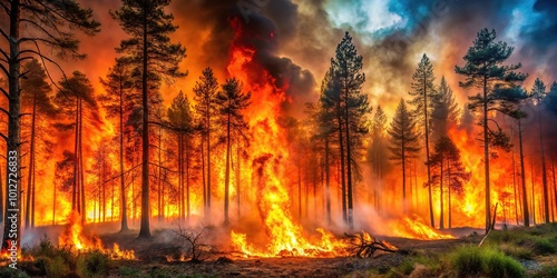 Forest fire blazing in the woods, panoramic view