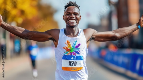 Happy Marathon Runner Crossing Finish Line