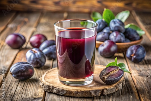 Fresh prune juice in glass with ripe prunes on wooden table