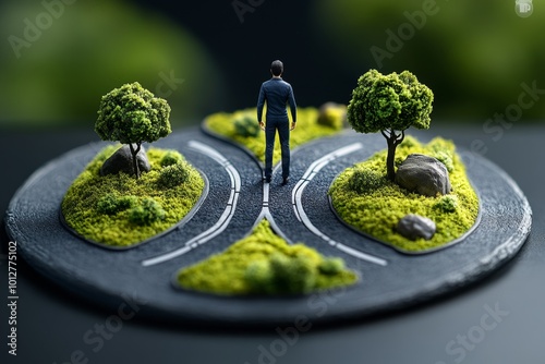 Hyper-realistic figure standing at a forked road, with incredible detail in the environment, representing free will in a realistic scene