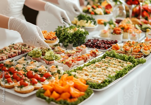 A hand in a white glove reaches for a small appetizer from a buffet table filled with food.