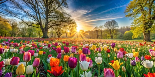 A vibrant field of colorful tulips bathed in the golden rays of a sunrise, showcasing the beauty of nature's awakening