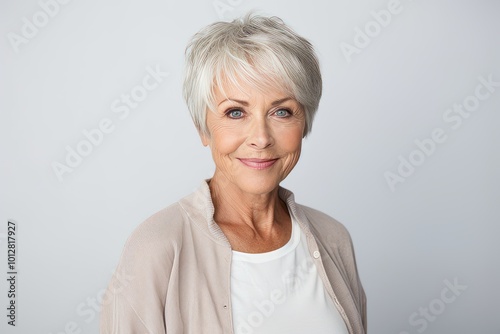 Portrait of smiling senior woman with short hair looking at camera.