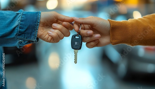 A car salesperson handing the keys to a happy customer as they stand beside a new car in a dealership showroom