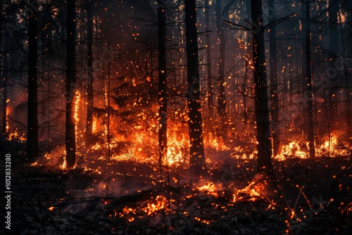 Intense forest fire with trees engulfed in flames and glowing sparks flying in the air.