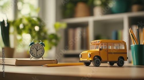 Vintage Yellow School Bus on a Wooden Desk