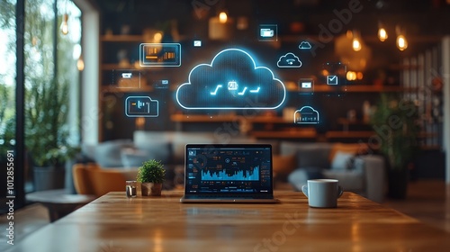 Cloud technology syncing across multiple devices abstract digital storage icons background