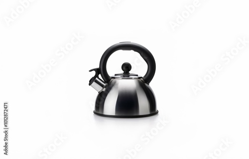 A stainless steel kettle with a black handle and lid on a white background.